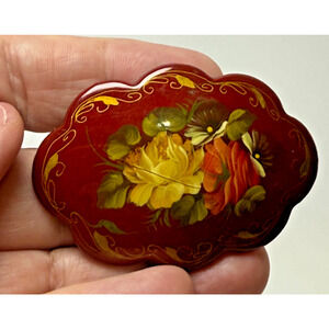 Vintage Russian Lacquer Wood Brooch Folk Art Miniature Signed Red Floral Gold